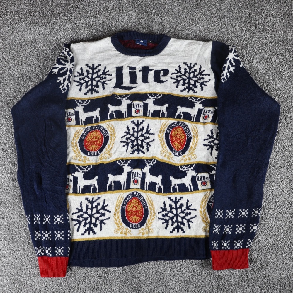 Miller Lite Ugly Christmas Sweater Mens Large Beer Reindeer Snowflake Holiday